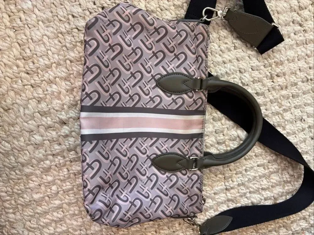 Furla Monogram Nylon Satchel Crossbody Bag Pink Green Stripe Designer Tote, $395